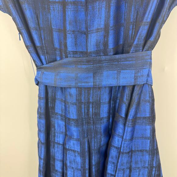 Anne Klein Blue Plaid Fit & Flare Belted Midi Dress Cap Sleeve Faux Wrap Size 2 - Picture 6 of 11
